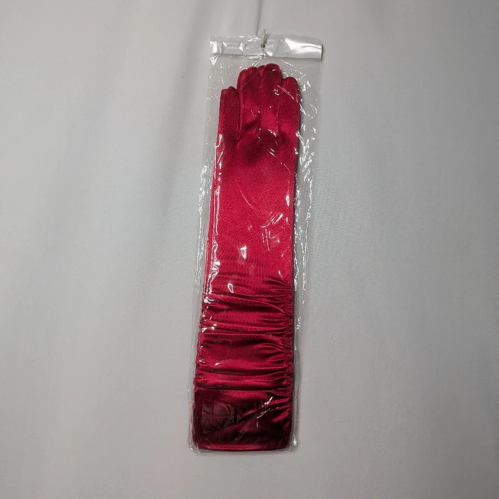 New Womens Red Semi Shiny Ruched Scrunched Satin Evening Gloves One Size